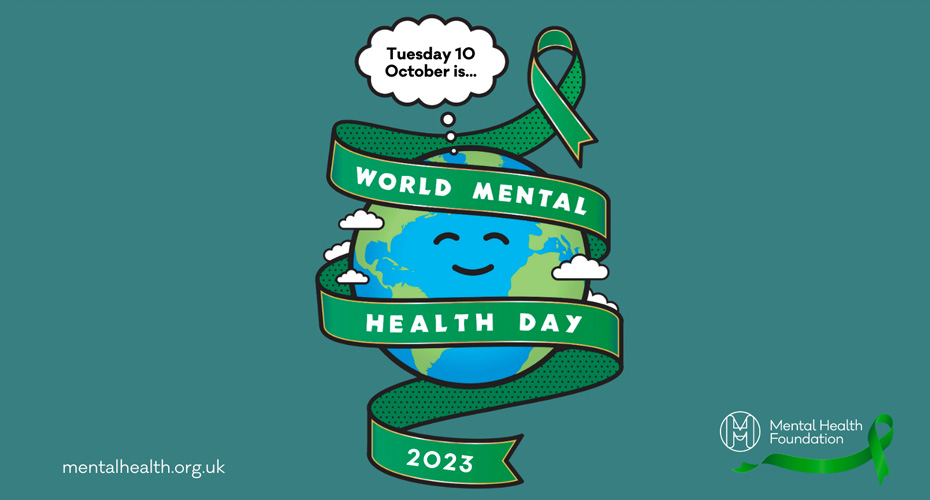 An illustration of the world mental health day graphic. A ribbon with the text world mental health day 2023, wraps around a drawing of the eath with a smiley face