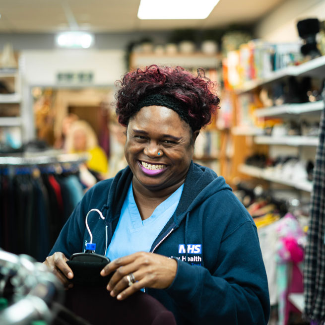 NHS worker in a Shaw Trust charity shop